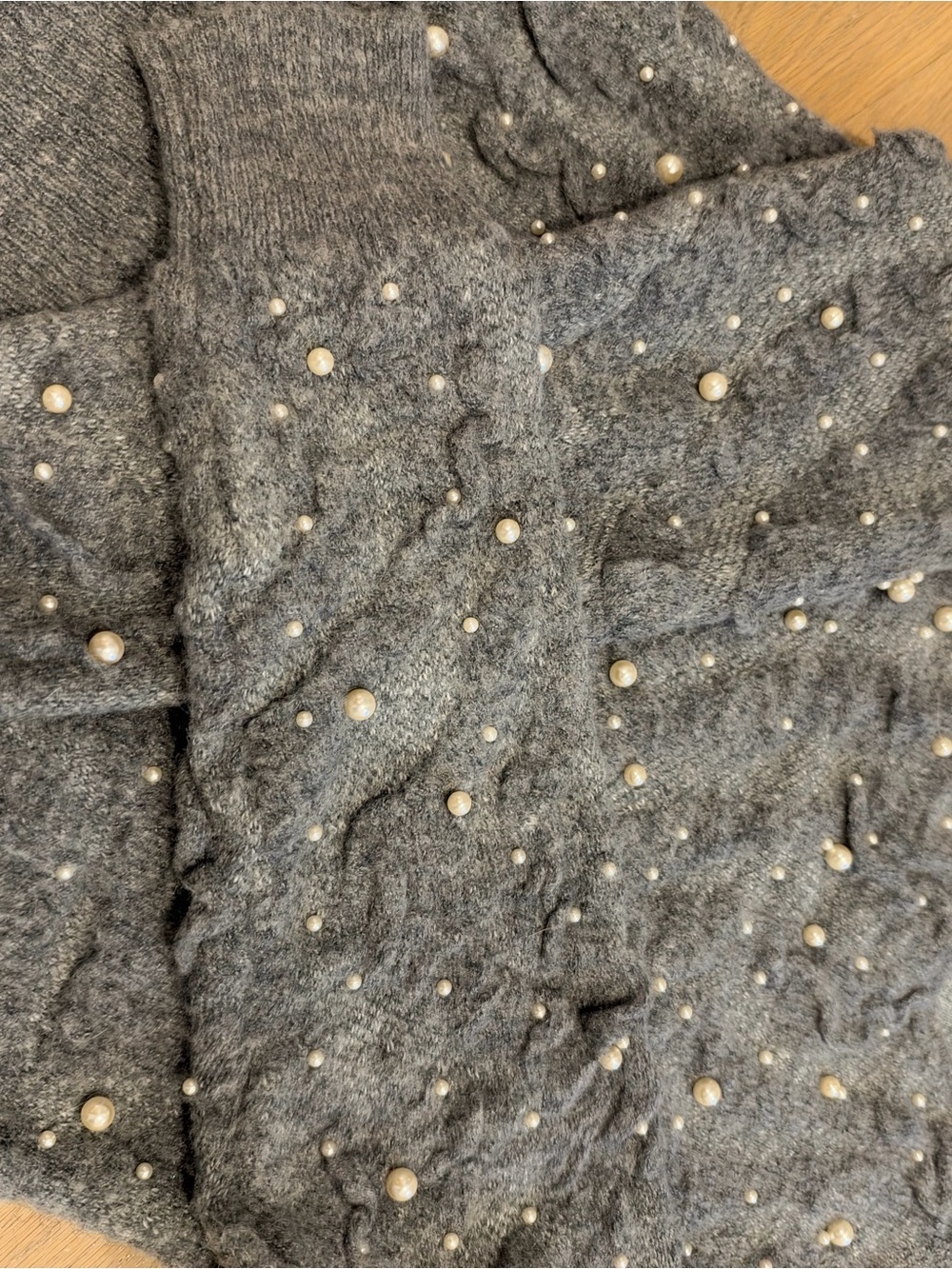 Zara Gray Pearl-Studded Teddy Knit Jacket